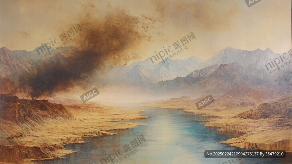 油画远山群山倒影云雾