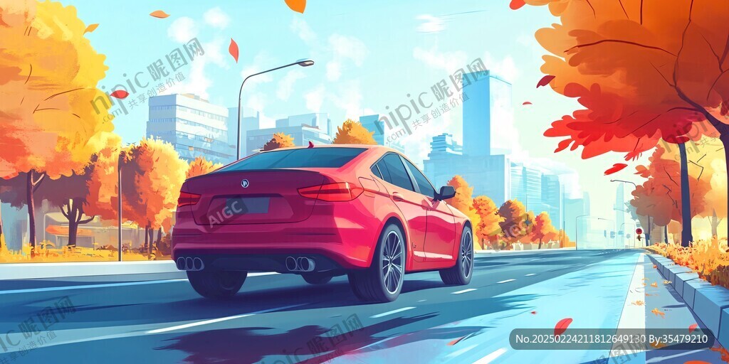 马路上的红色轿车