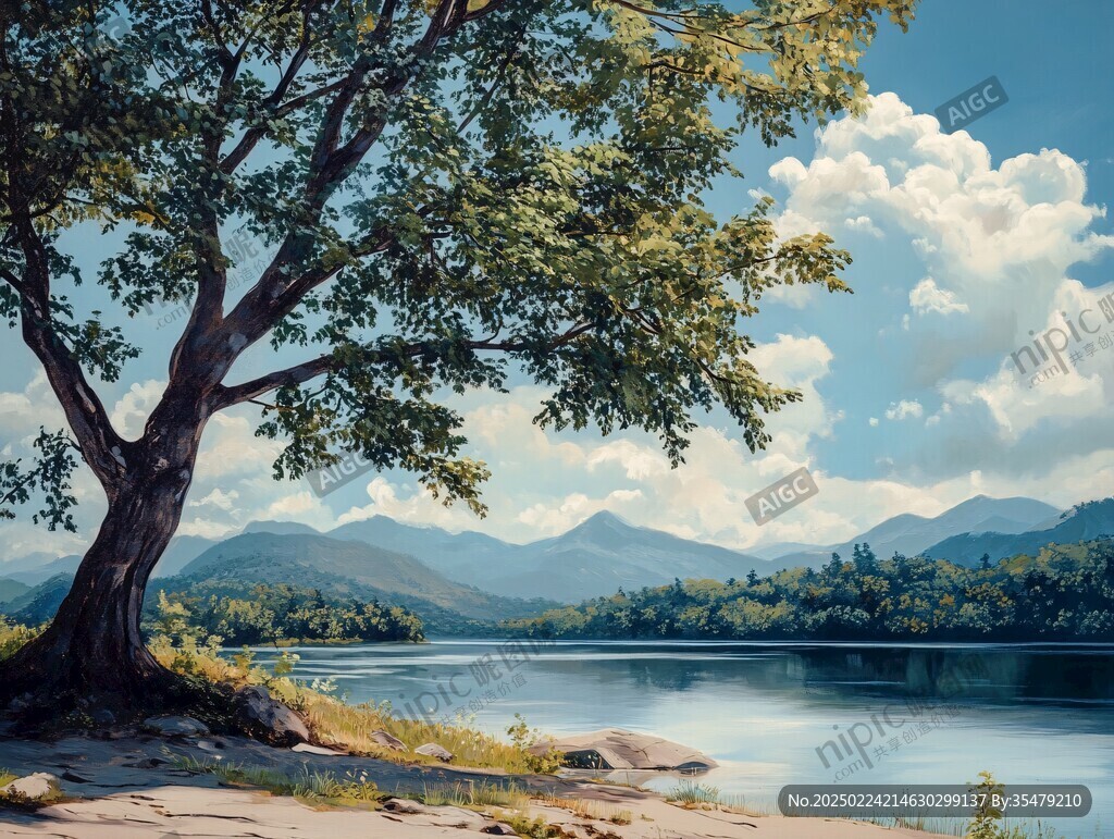 湖边唯美树景