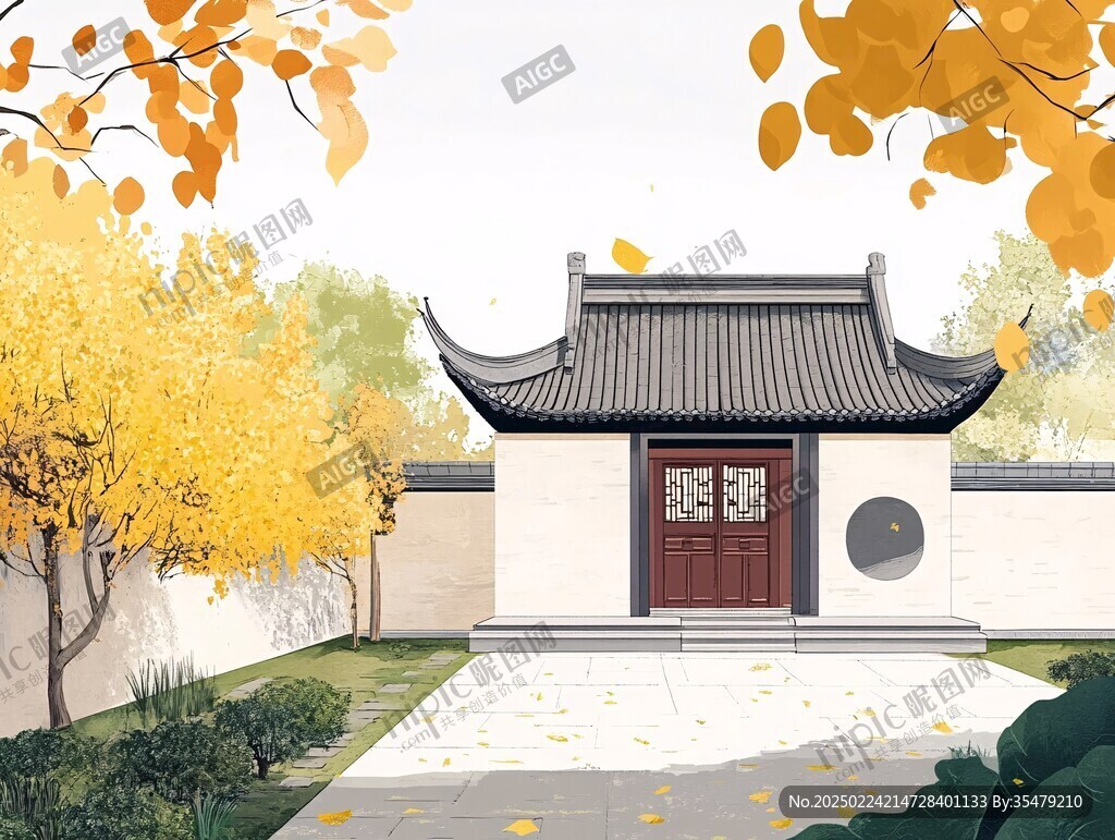 金色秋天中式园林素材