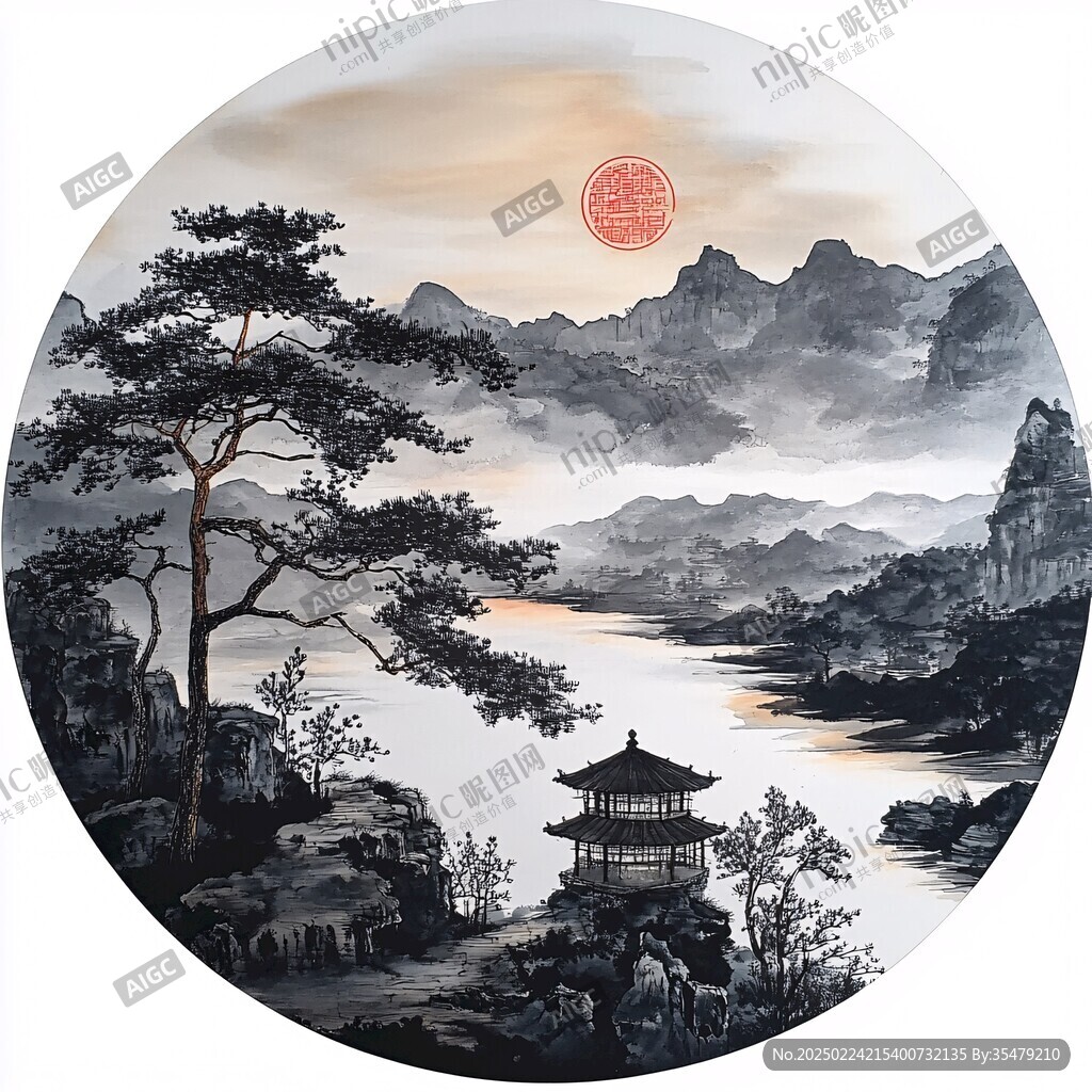 圆形挂画山水画