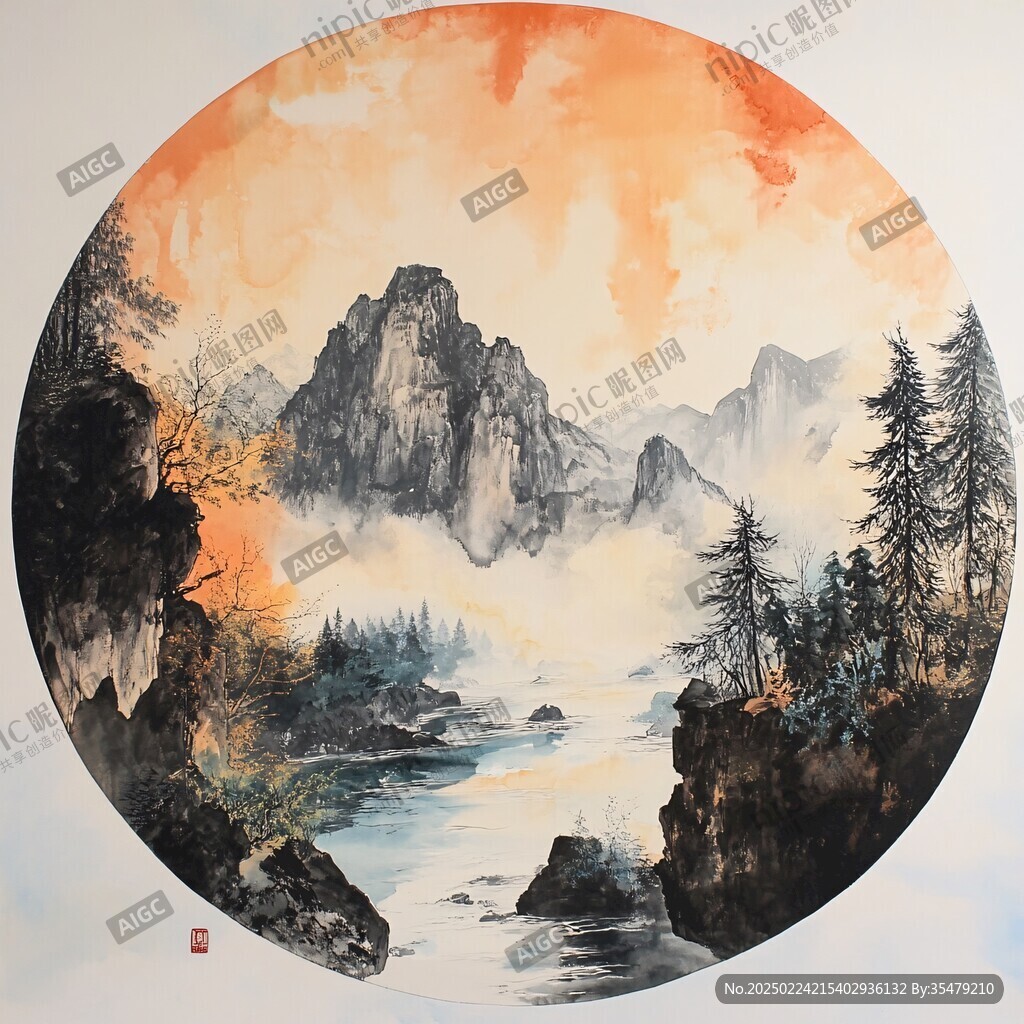 山水圆框画