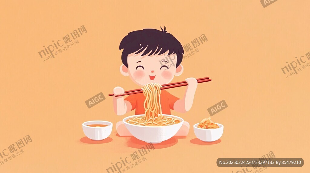 吃螺蛳粉的男孩插画