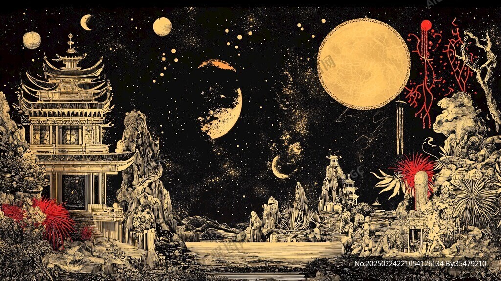 虎溪夜月景点插画