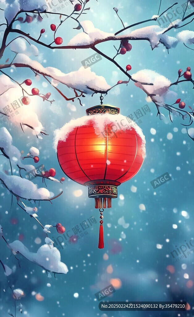 飘雪雪花雪景灯笼