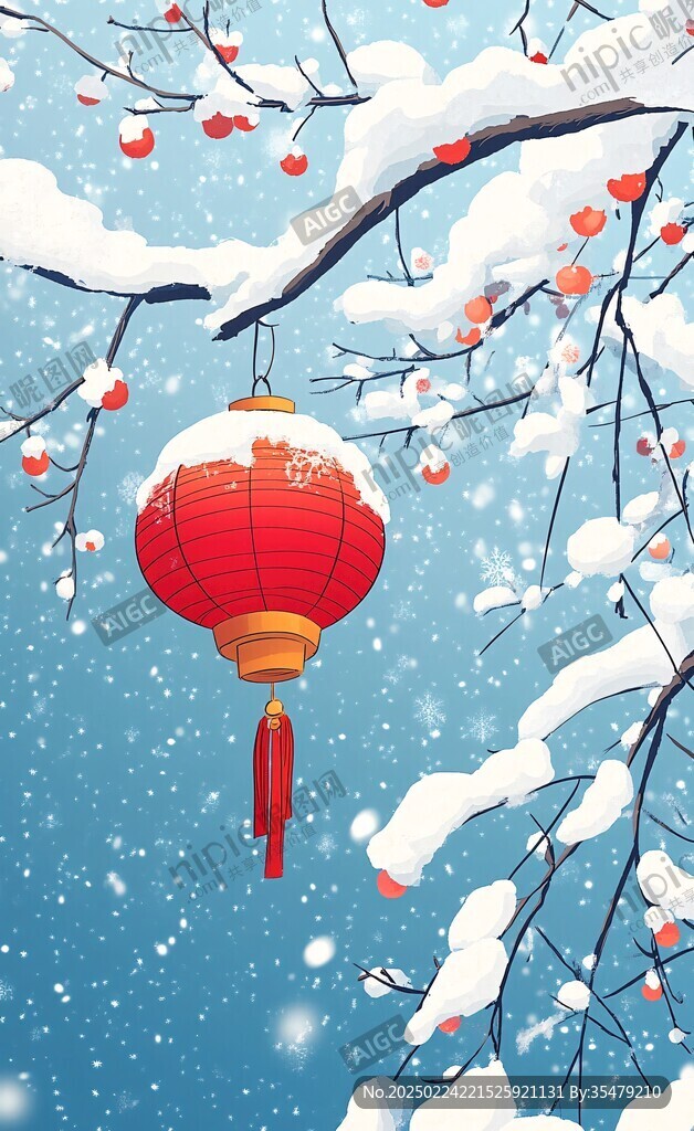 飘雪雪花雪景灯笼