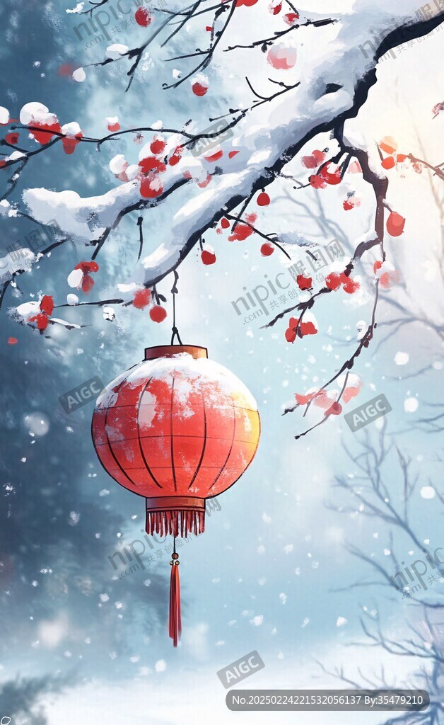 飘雪雪花雪景灯笼