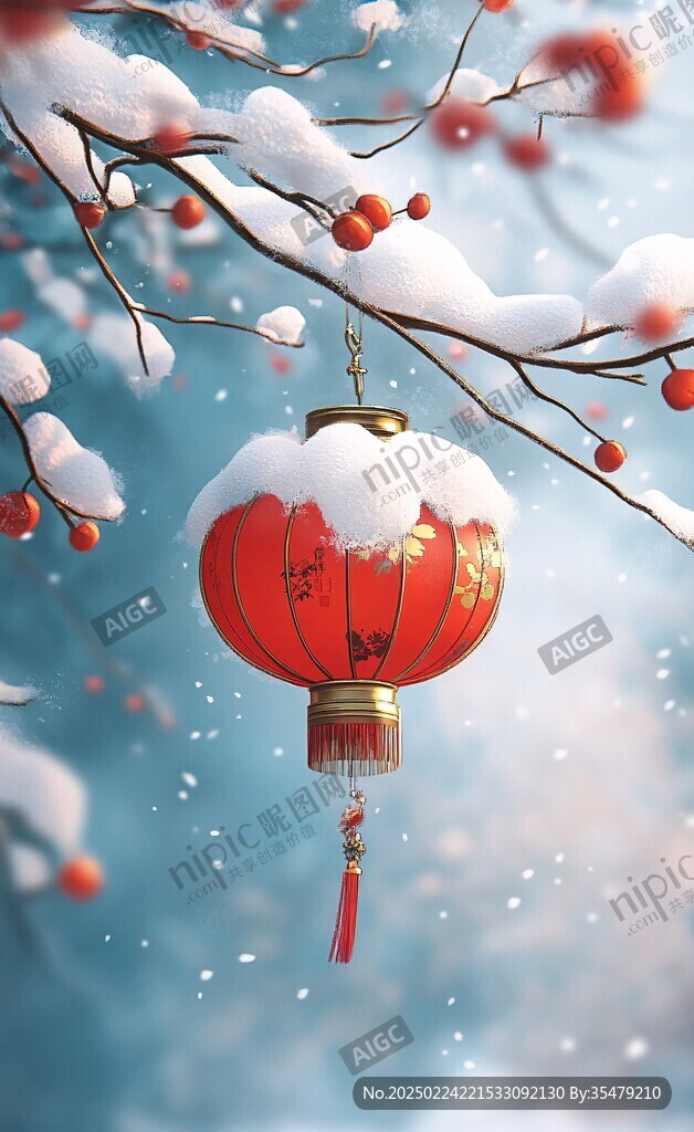 飘雪雪花雪景灯笼