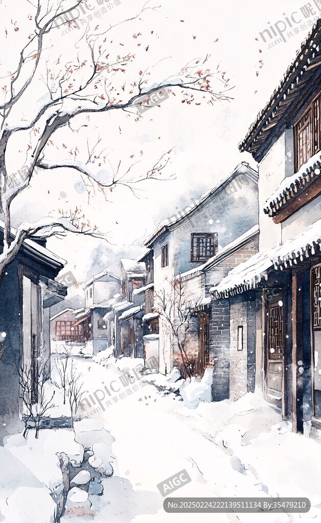 古镇冬季装饰画