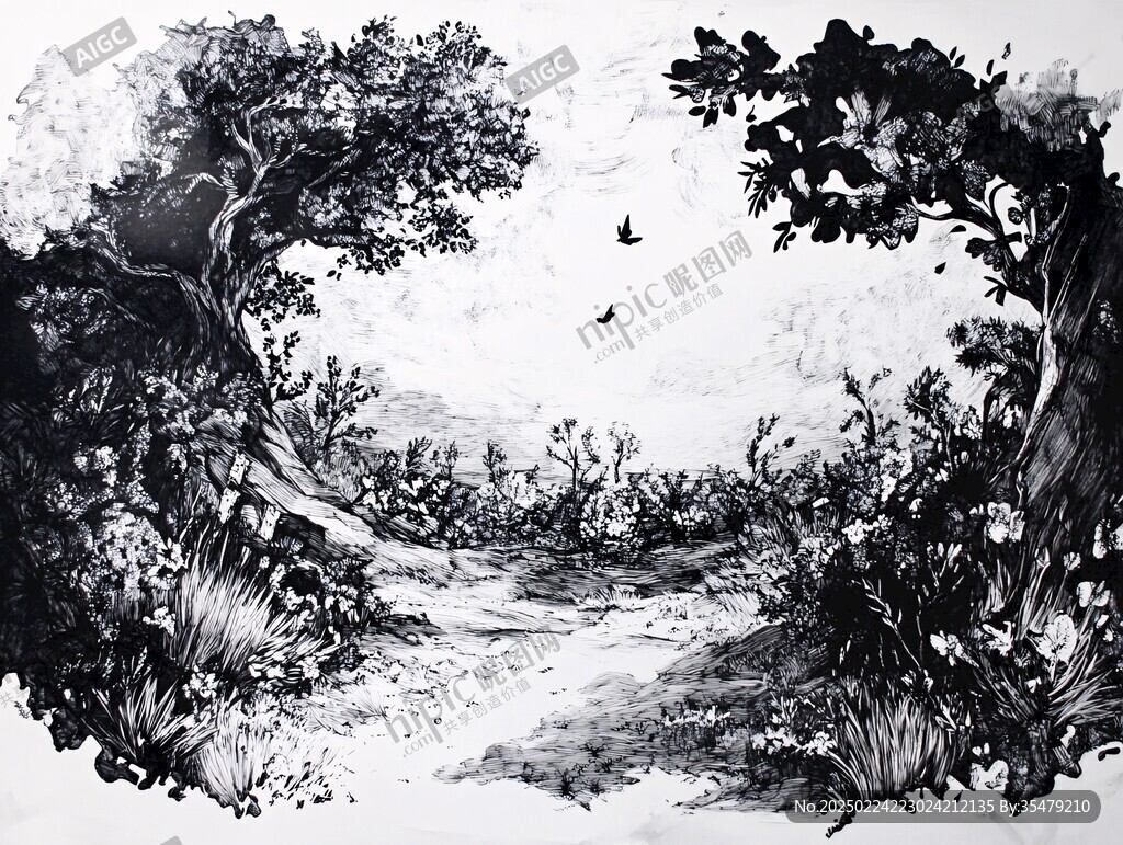 蓝调黑白风景画