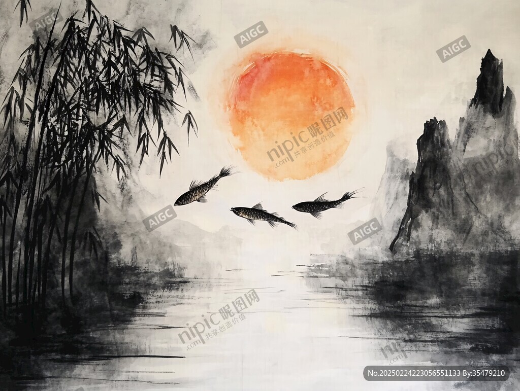夕阳水墨画