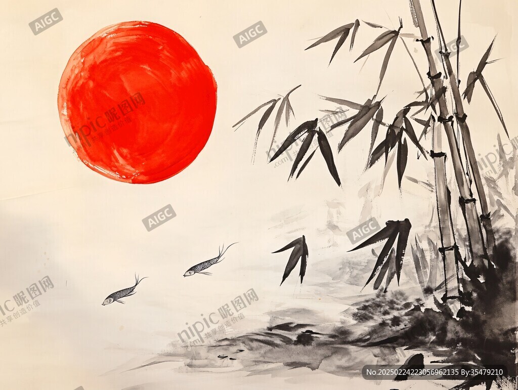 初升太阳水墨画
