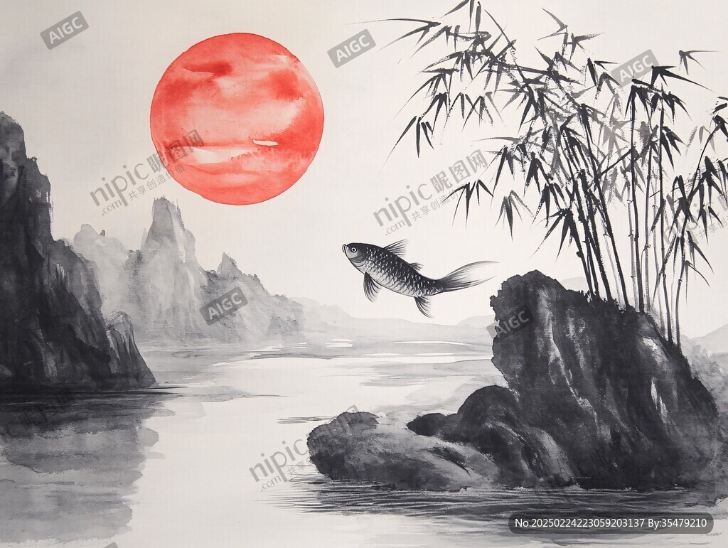 竹鸟山水画