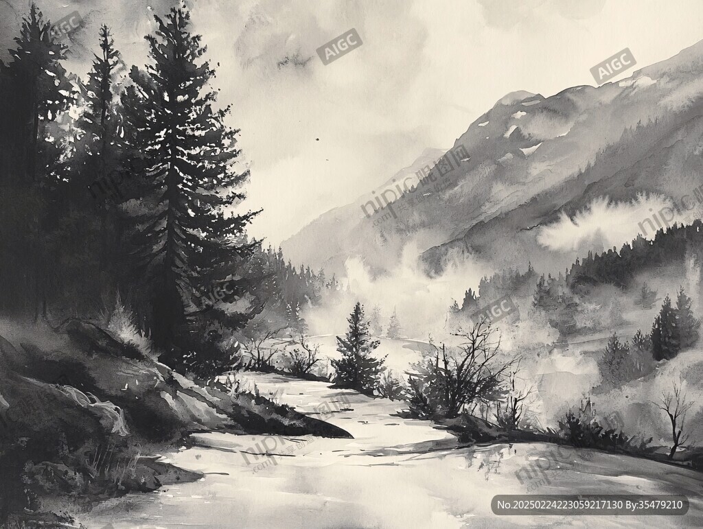 雪山水粉画