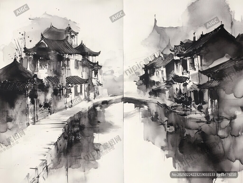 乌镇水彩水墨山水