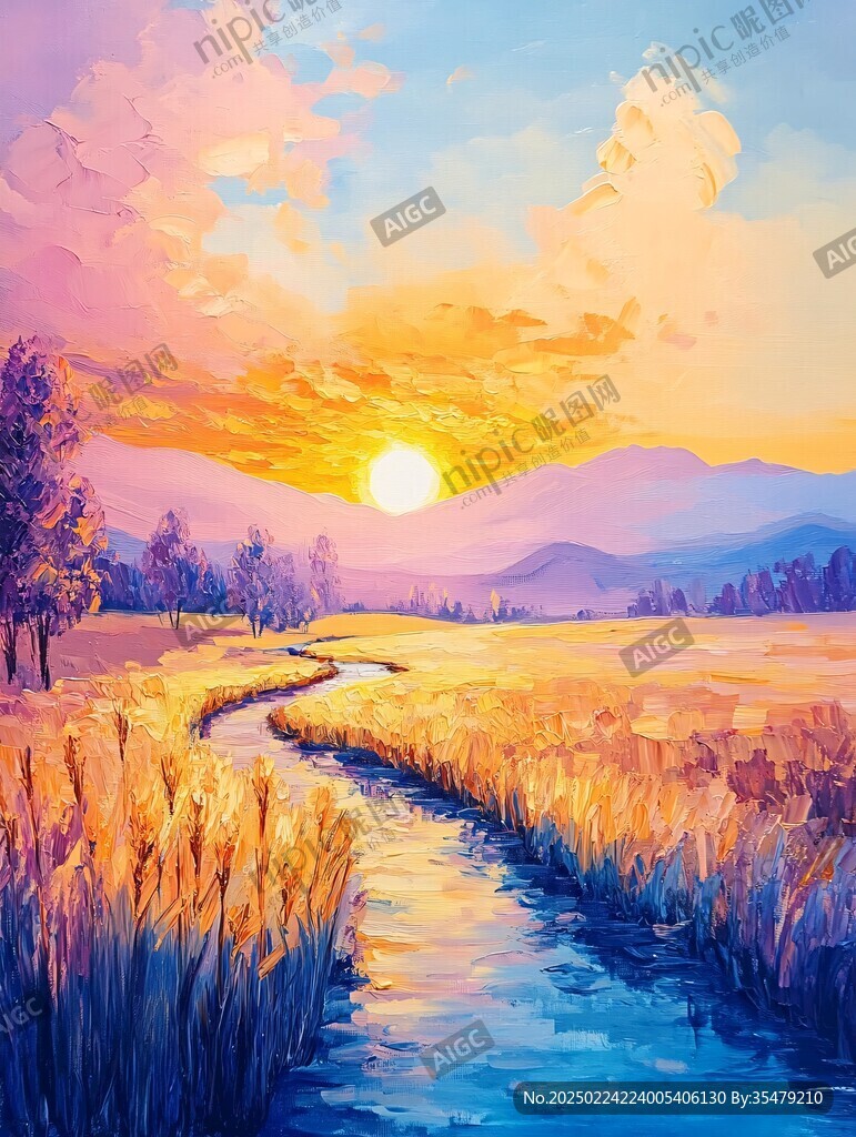 草地小河夕阳