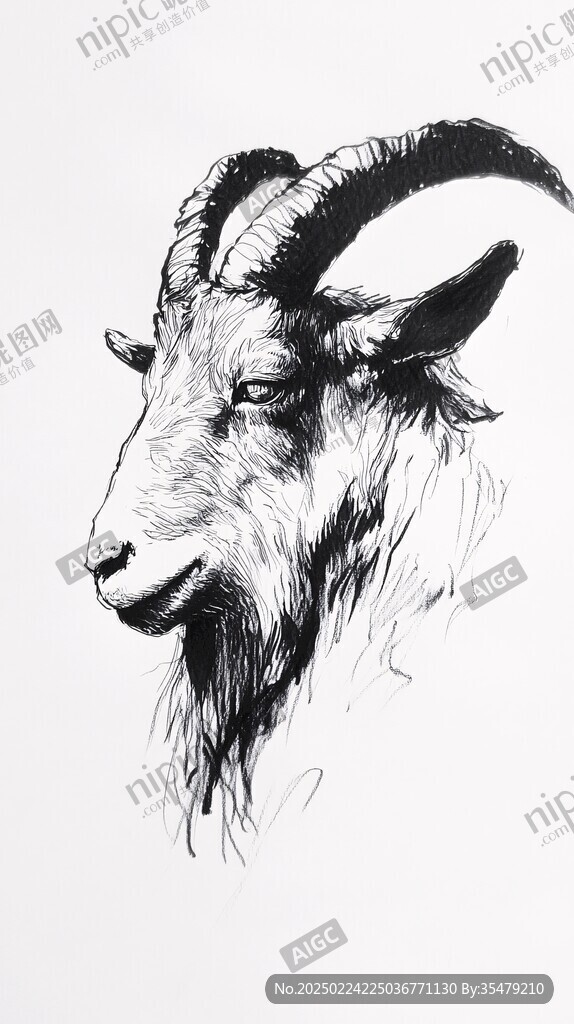 手绘山羊黑白简约挂画