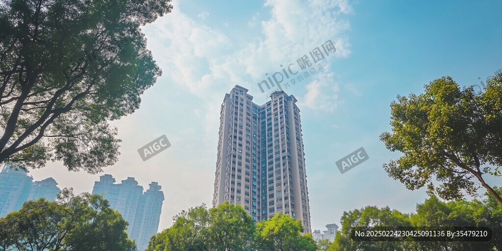 蓝天大楼绿树背景