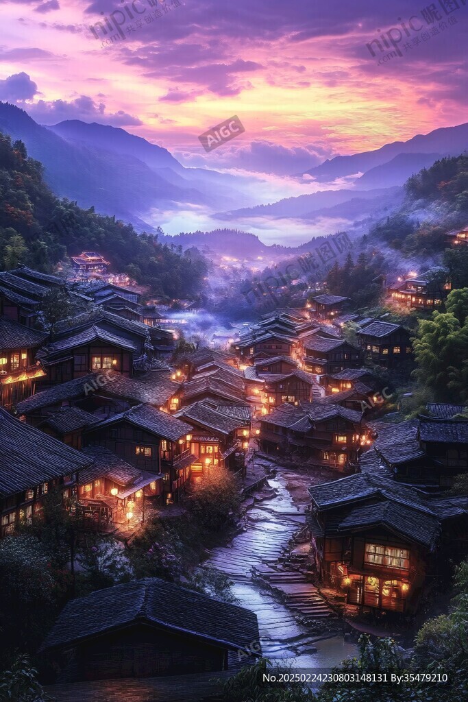 玄幻古镇夜景
