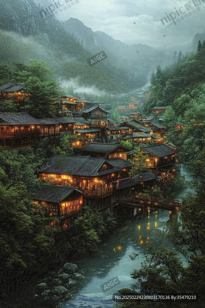 玄幻古镇夜景