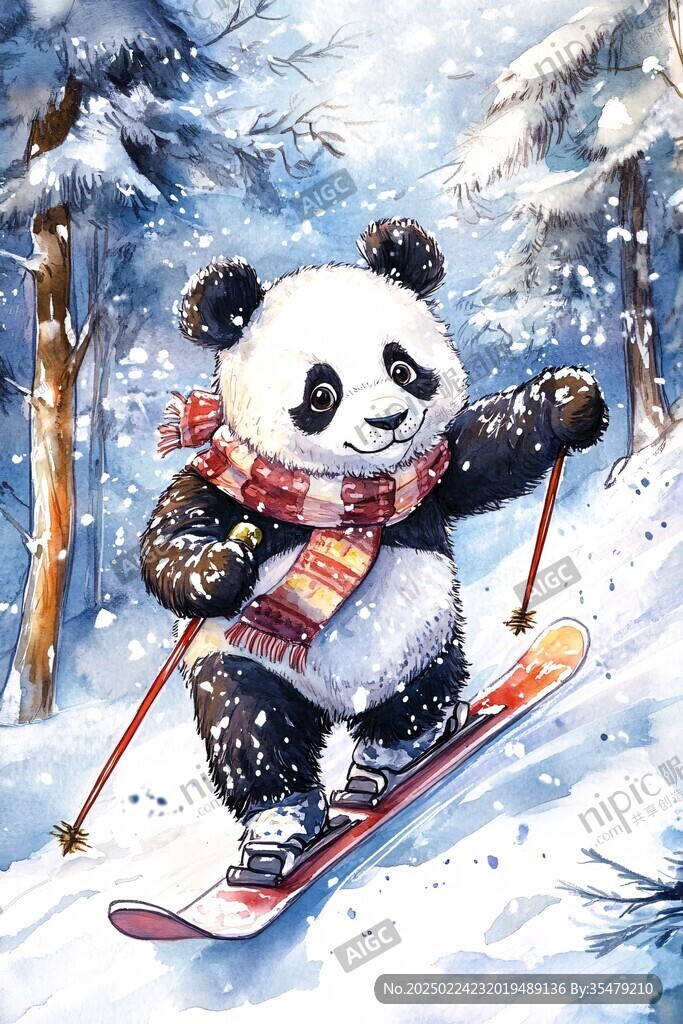 手绘滑雪的熊猫插画