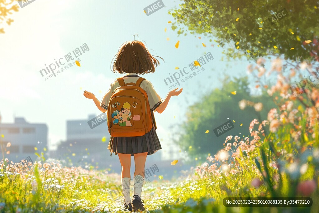 女学生夕阳下插画