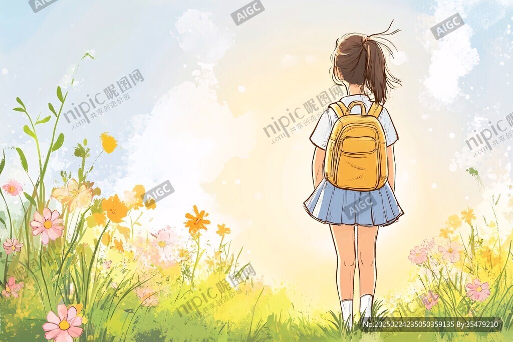 女学生夕阳下插画
