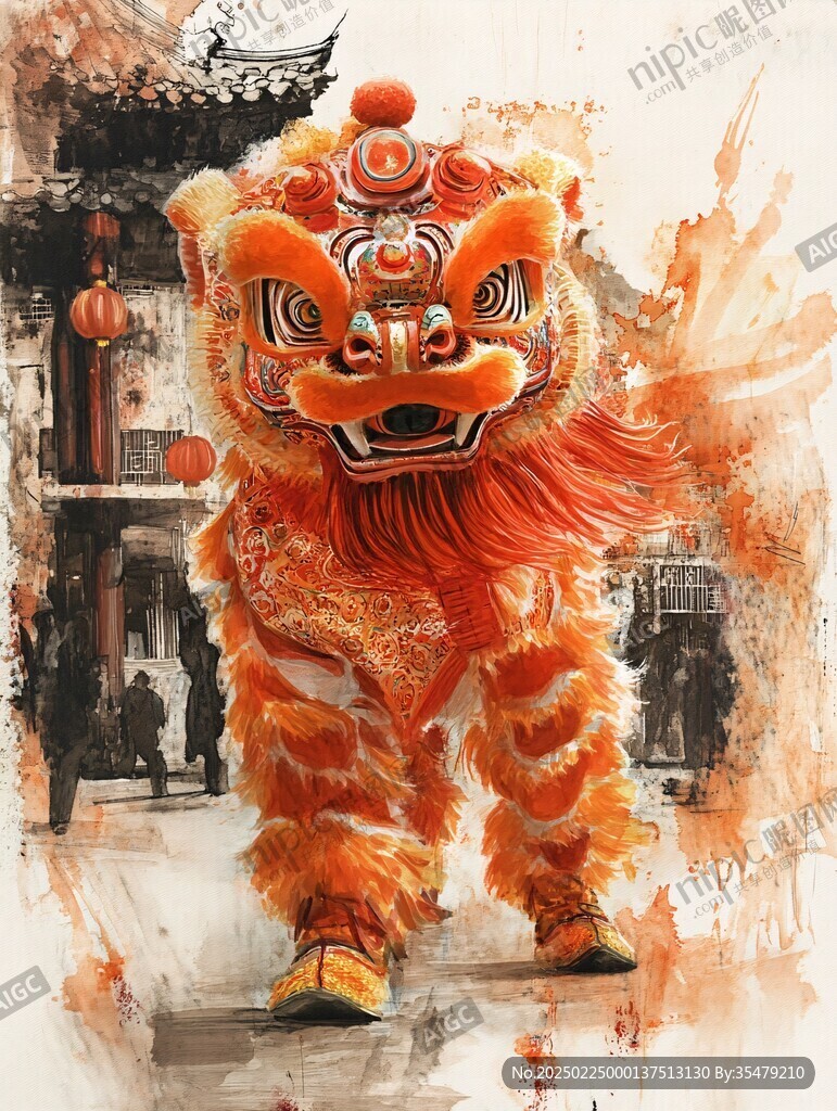 街道舞狮插画