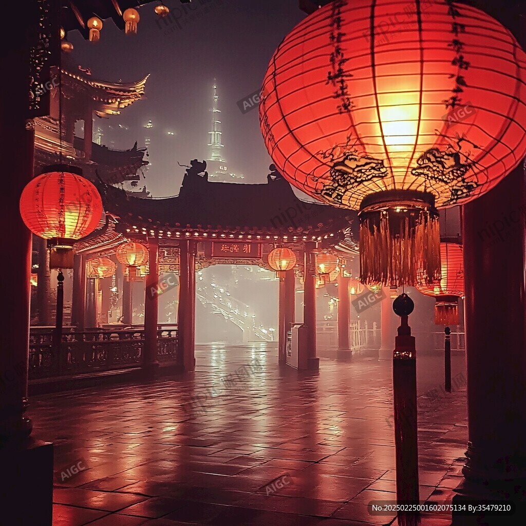 红灯笼挂亭阁