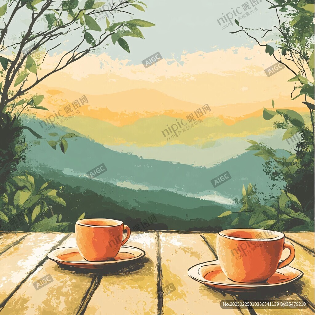 山水画茶树茶杯茶园