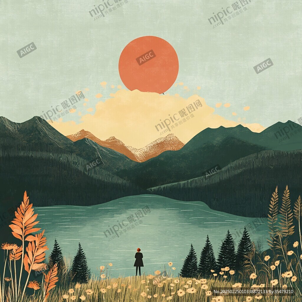 黄昏远山插画