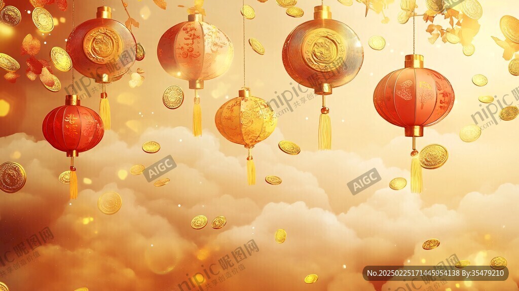 金色元宝雨与红灯笼的梦幻之旅