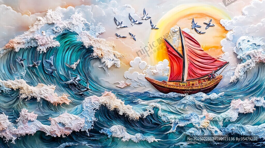 汹涌海浪中的红帆船