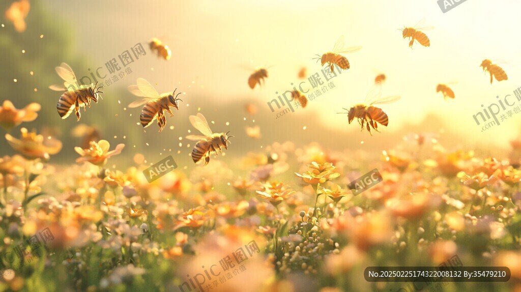 金色飞舞的蜜蜂和绚烂的花海