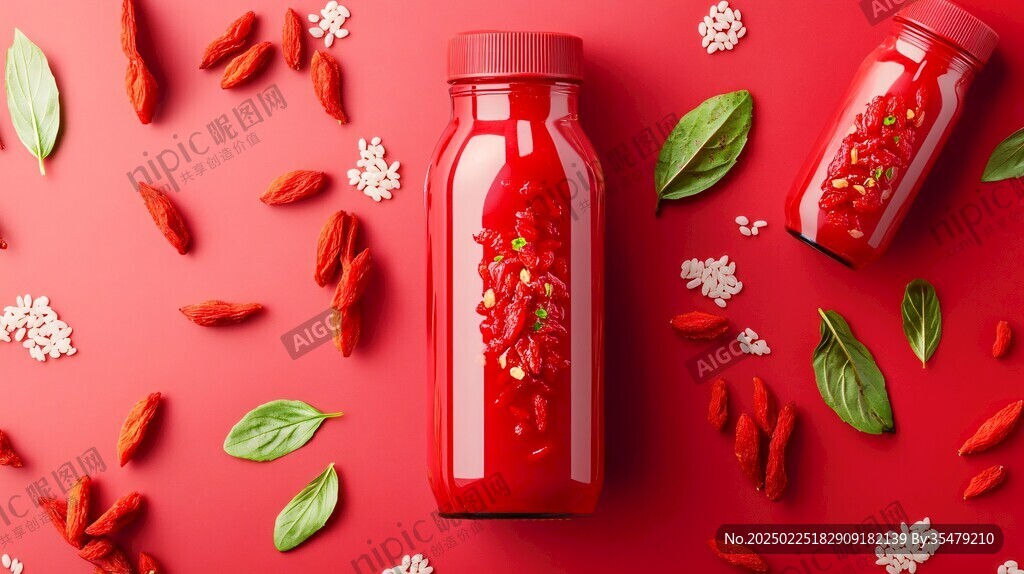 红色果汁与食材的艺术展示