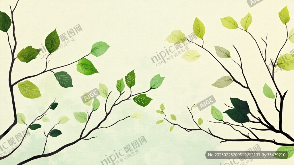 绿叶艺术 枝条插画 自然背景 宁静氛围 叶子图案 艺术印刷 家居装饰 墙面装饰 植物插图 现代简约