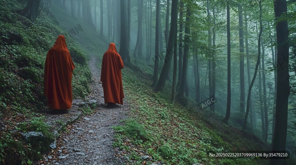 神秘森林中的两位披着红色斗篷的旅人
