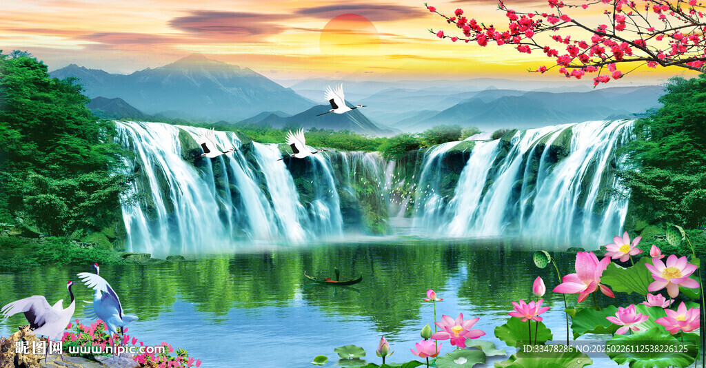 瀑布山水画