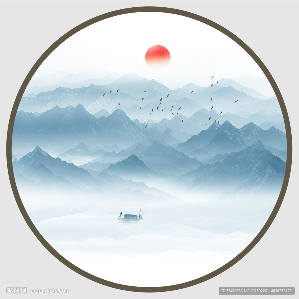 圆形水墨山水画