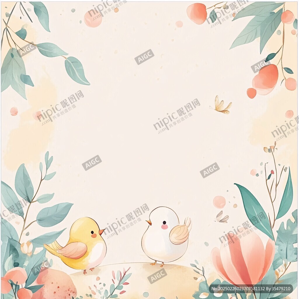 春日可爱小鸟与花朵插画