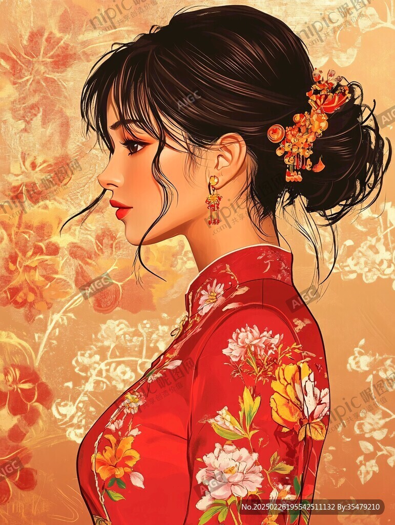 红衣女子 盘发 花卉背景