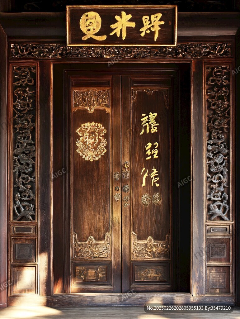 古朴木门上的金色汉字