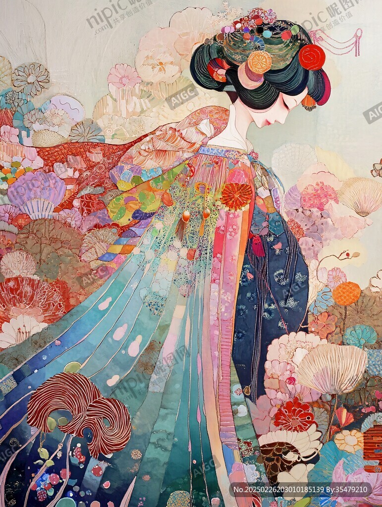 彩衣女子与花卉图案