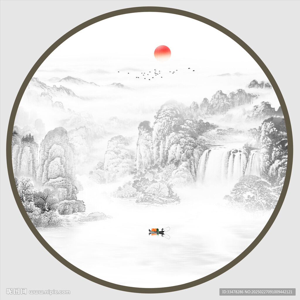 圆形意境水墨山水画