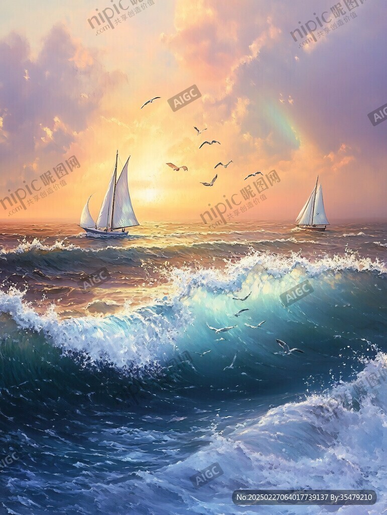 日落下的海浪与帆船