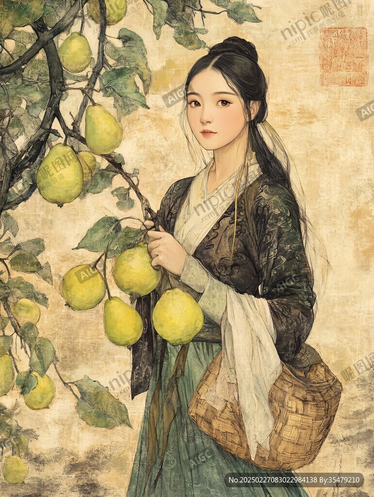 古风女子与梨树