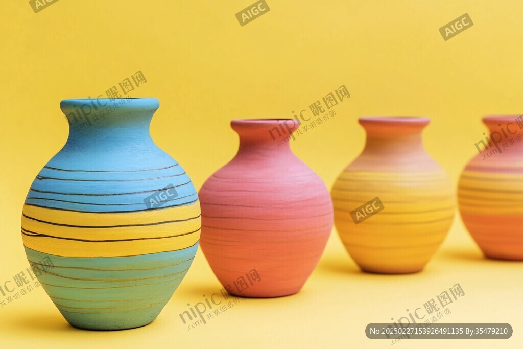 彩色陶瓷花瓶排列在黄色背景上