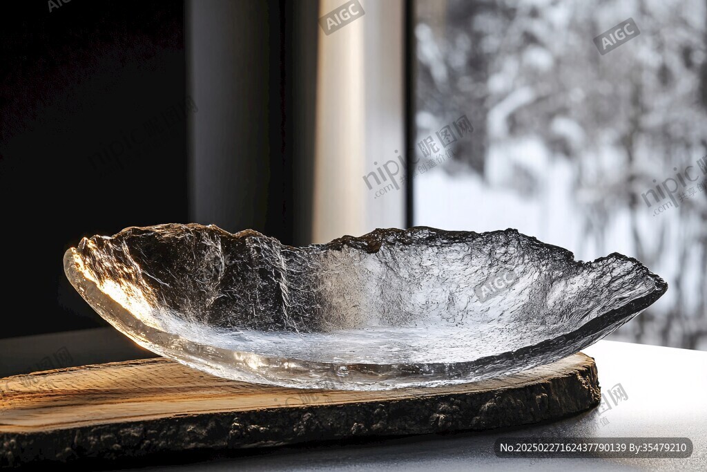 透明玻璃艺术碗 放置在木质底座上 背景为窗户和墙壁