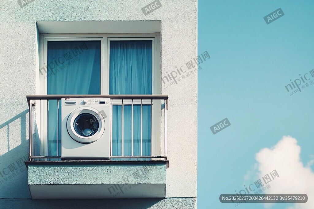阳光下的洗衣机 蓝天白云的背景