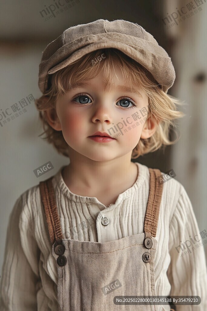 浅棕色帽子下的金发小男孩